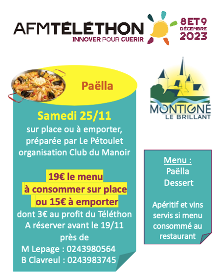 Téléthon - Paëlla le samedi 25 novembre - à réserver avant le 19 novembre