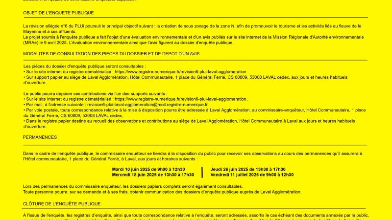 AVIS D'ENQUETE PUBLIQUE REVISION ALLEGEE N°6 DU PLUi LAVAL AGGLO