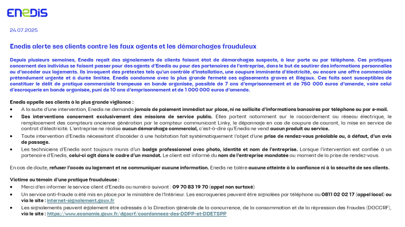 Enedis alerte ses clients contre les faux agents et les démarchages frauduleux