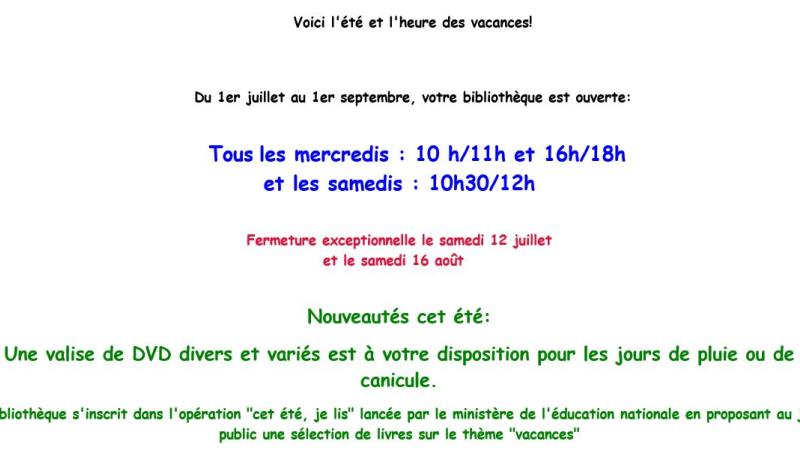 Horaires Bibliothèque Vacances 2025