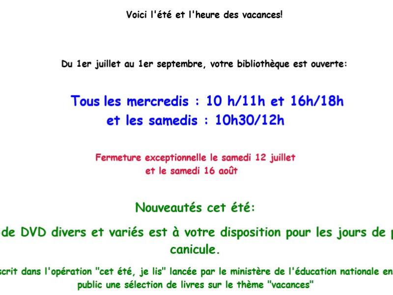 Horaires Bibliothèque Vacances 2025